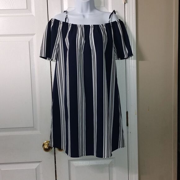 New Look off the shoulder navy white dress  Sz M - Picture 1 of 5